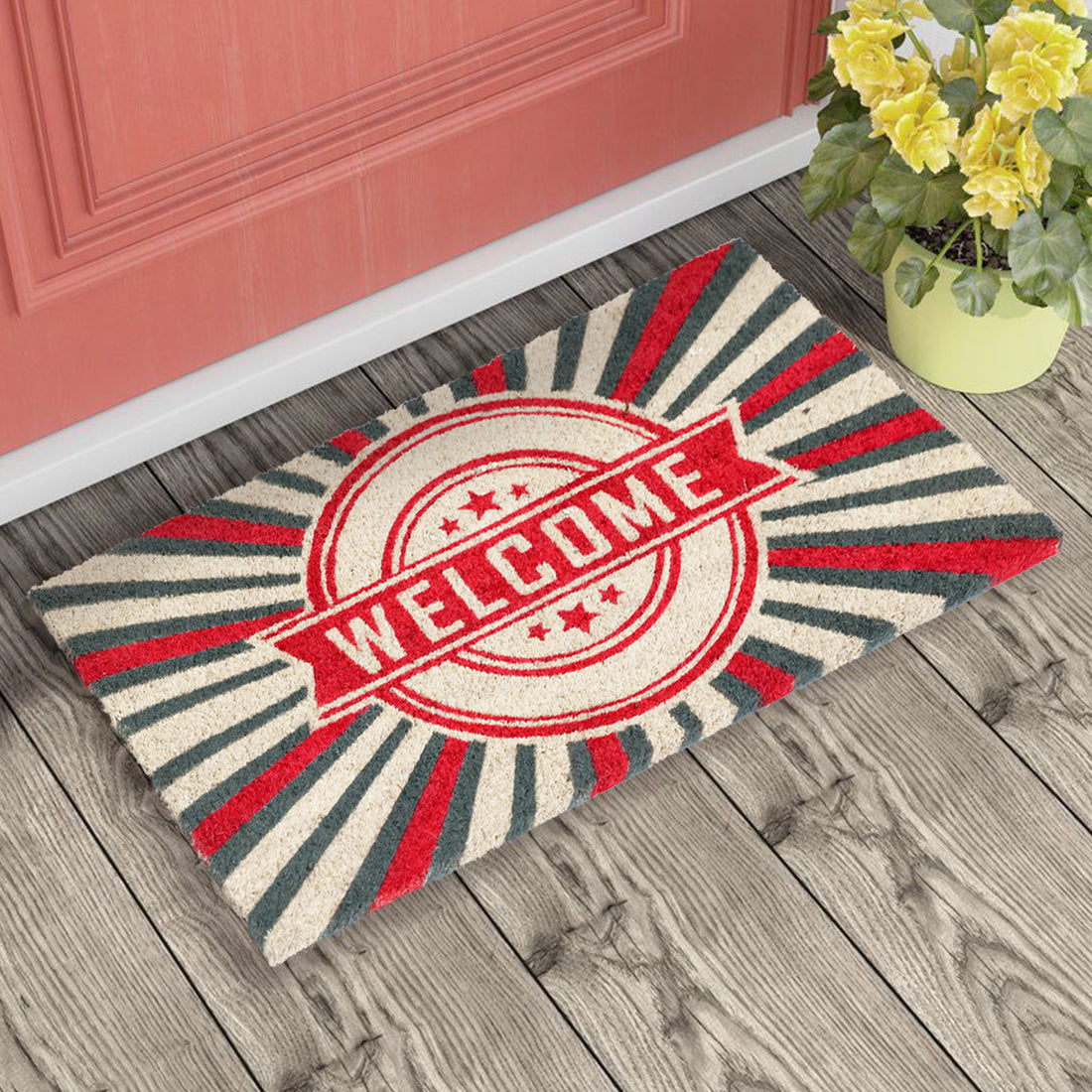 OnlyMat Welcome Red Grey Retro Striped Natural Coir Doormat