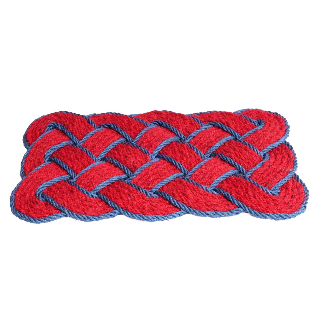 Red and blue braided traditional coir rope mat on a white background