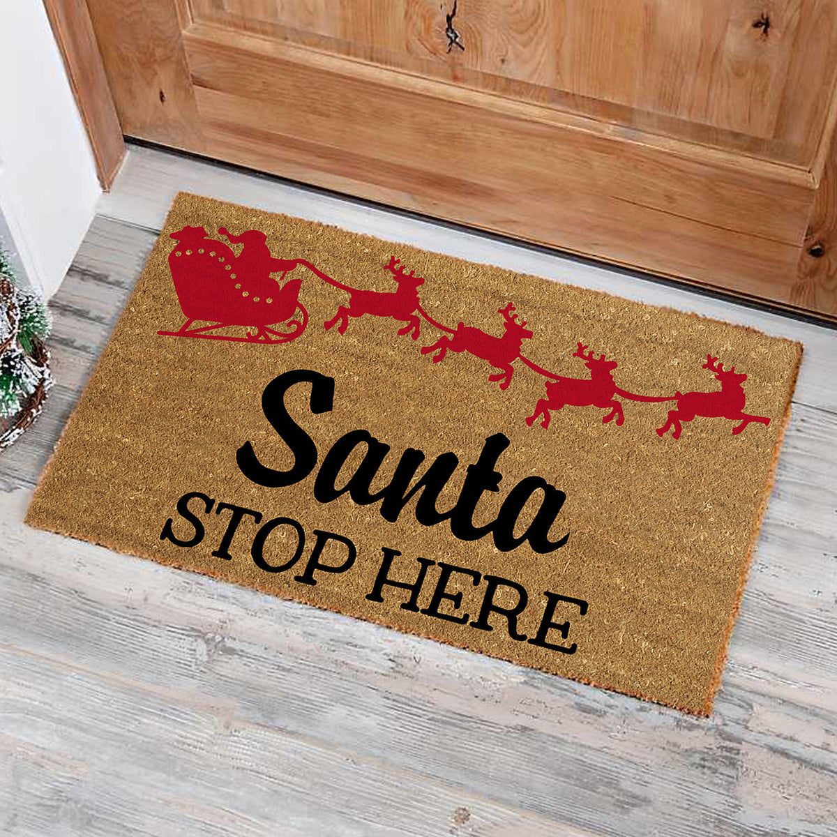 Santa Stops Here Christmas Theme Printed Natural Coir Door Mat