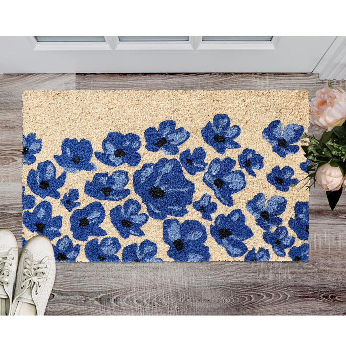 Blue Flower Design Printed  Natrual Coir Floor Mat