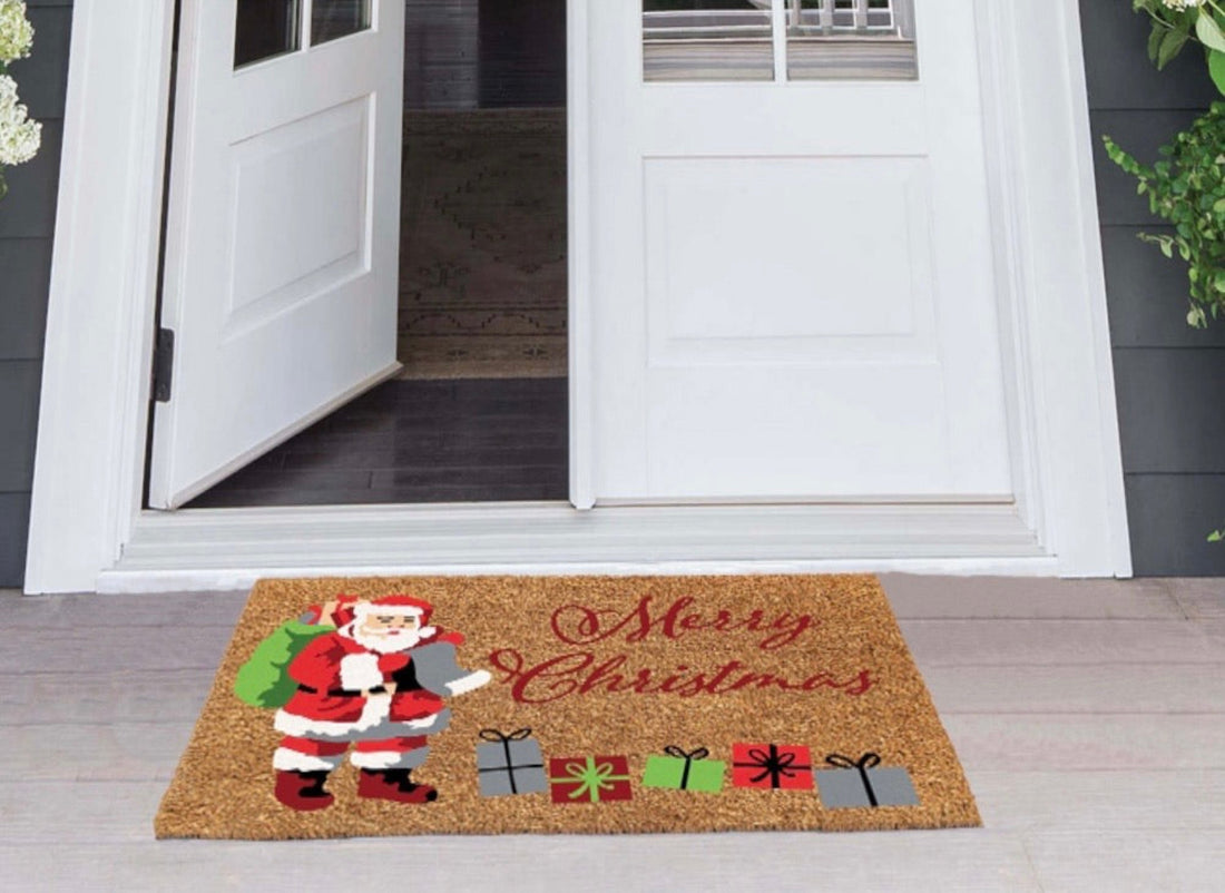 Merry Christmas, Santa and Gifts Printed Christmas Theme Natural Coir Door Mat