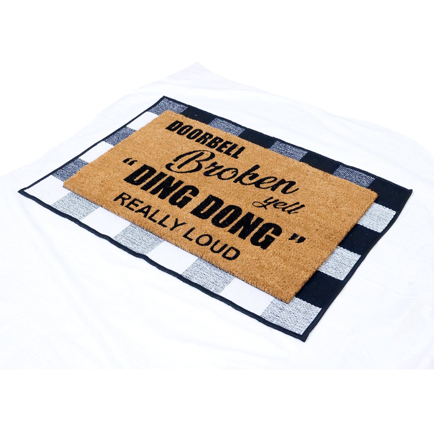 OnlyMat COMBO: Doormat + Underlay Cotton Rug : Funny "Doorbell Broken Yell DING DONG Really Loud" Printed Natural Coir Door Mat