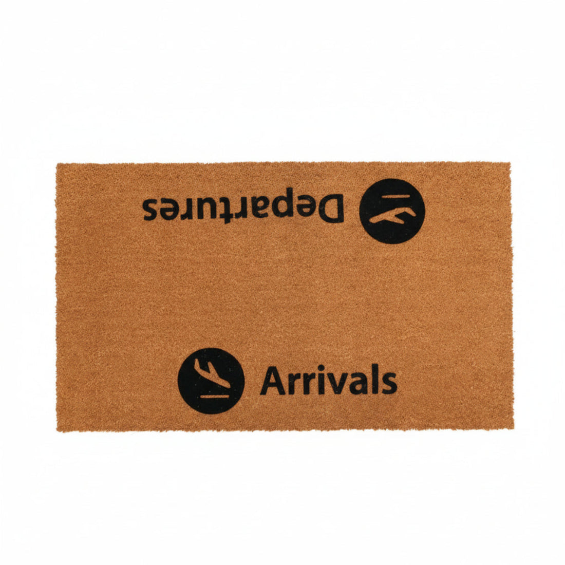 
                      
                        Doormat with 'Departures' and 'Arrivals' text and logos on a brown background
                      
                    