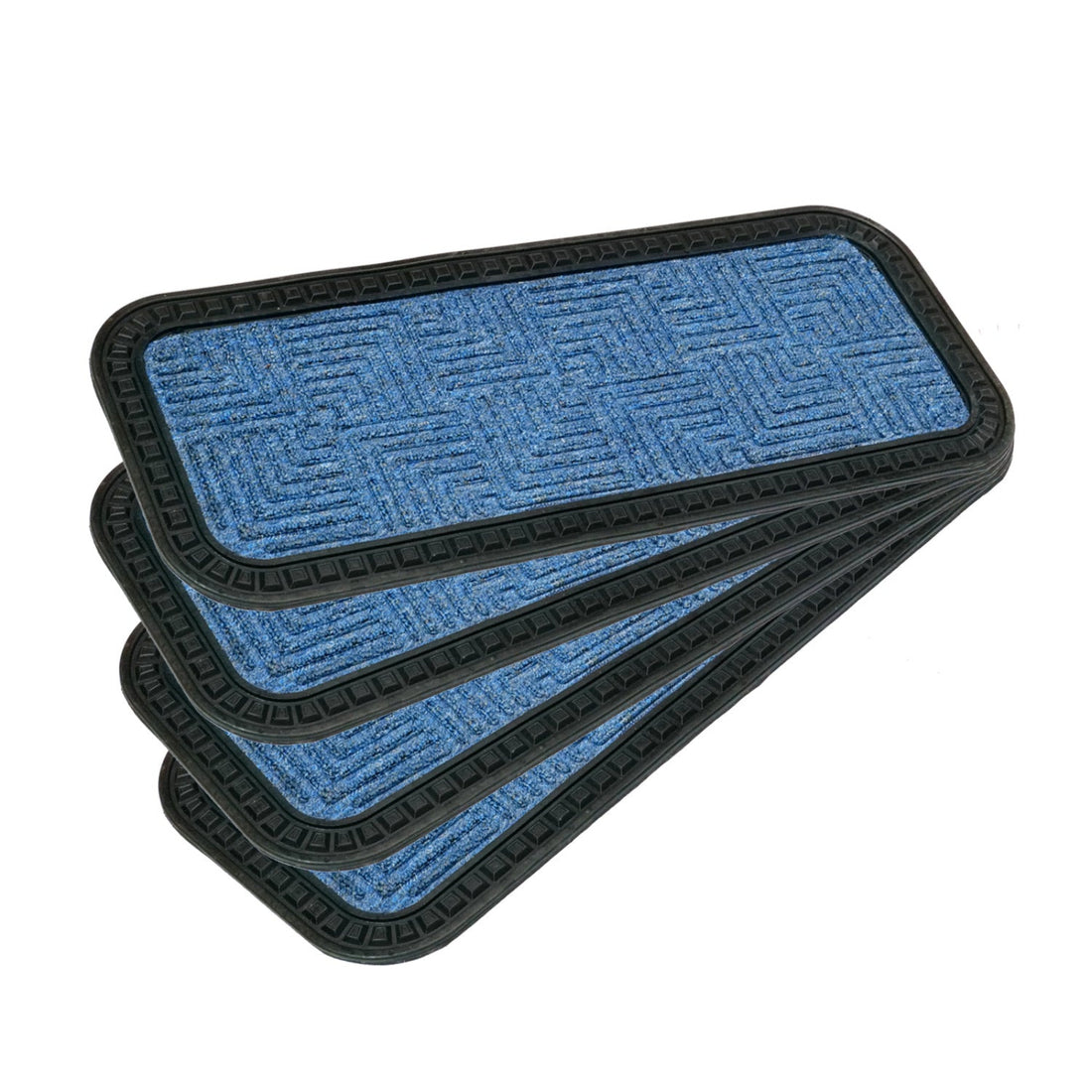 Four blue doormats with black borders on a white background