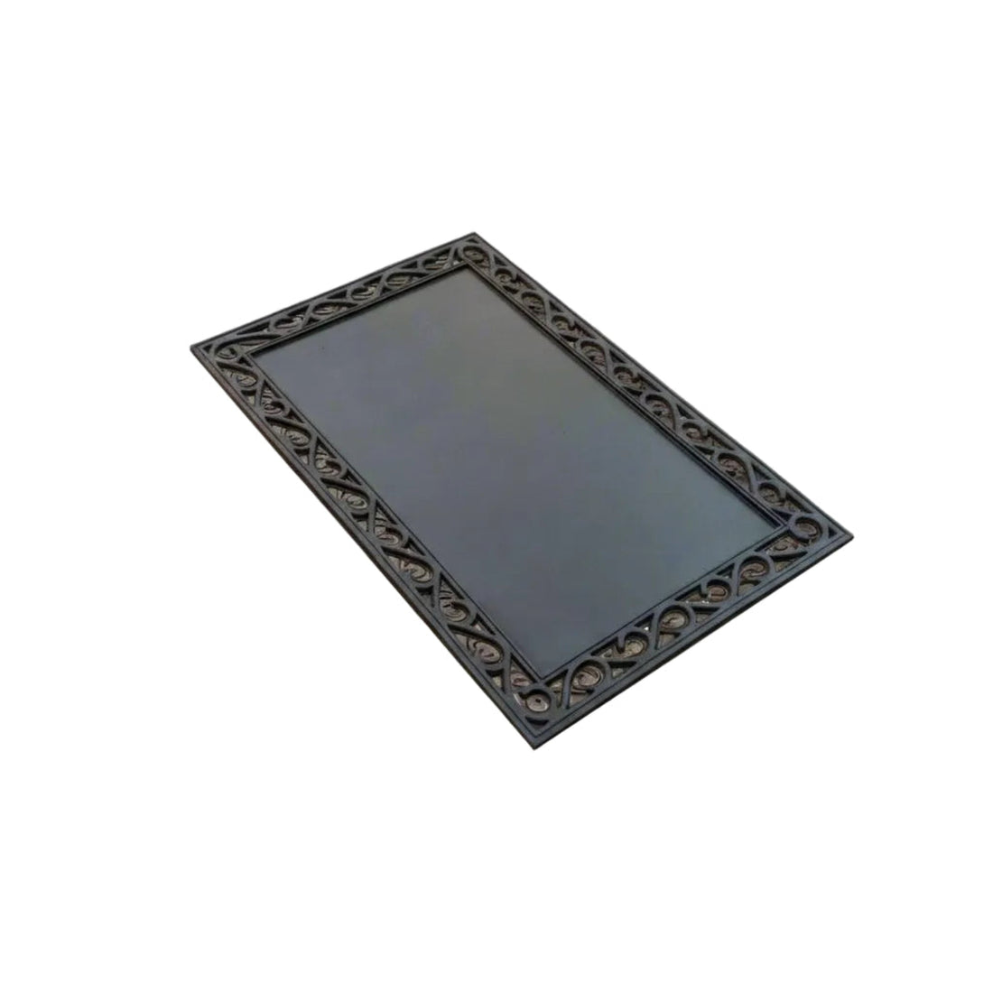 Decorative black rubber tray with intricate patterns on a white background
