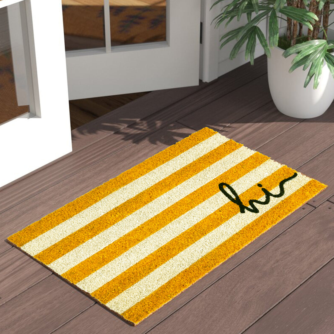 OnlyMat Hi Yellow Striped Retro Natural Coir Doormat