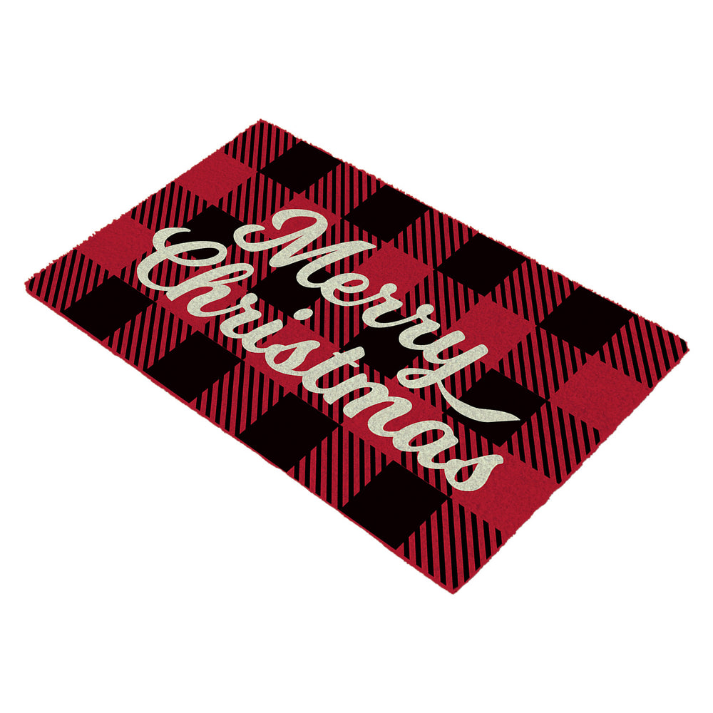 Red Plaids Christmas Theme Printed Natural Coir Door Mat