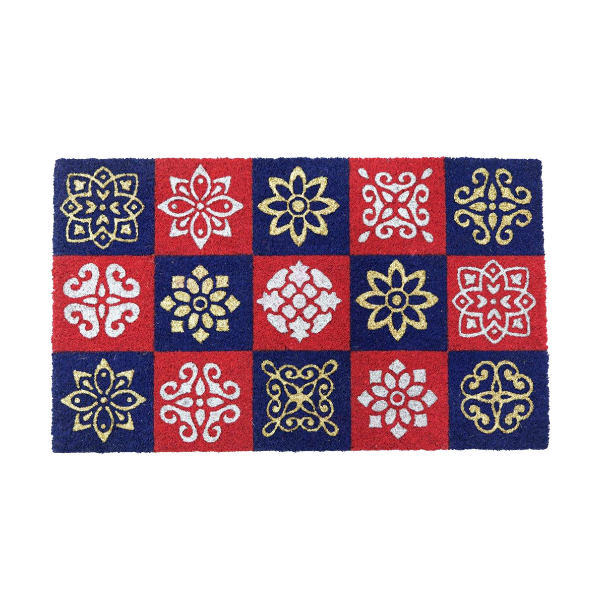 Red and Blue Tile Glitter FESTIVAL Natural Coir Mult-colour Door Mat