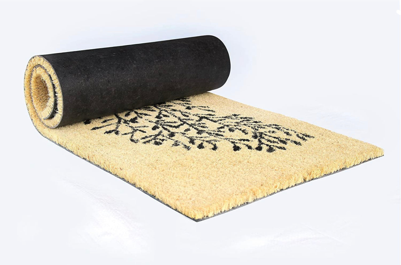 OnlyMat Long Black colour Tree Printed Coir Floor Mat (Beige Colour)