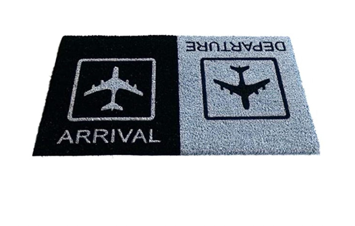 Arrival Departure Printed Natural Coir Black and Grey Entrance Doormat