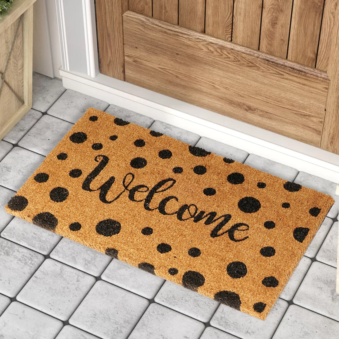 OnlyMat Black Polka Dot Welcome Printed Natural Coir Door Mat with anti-slip backing