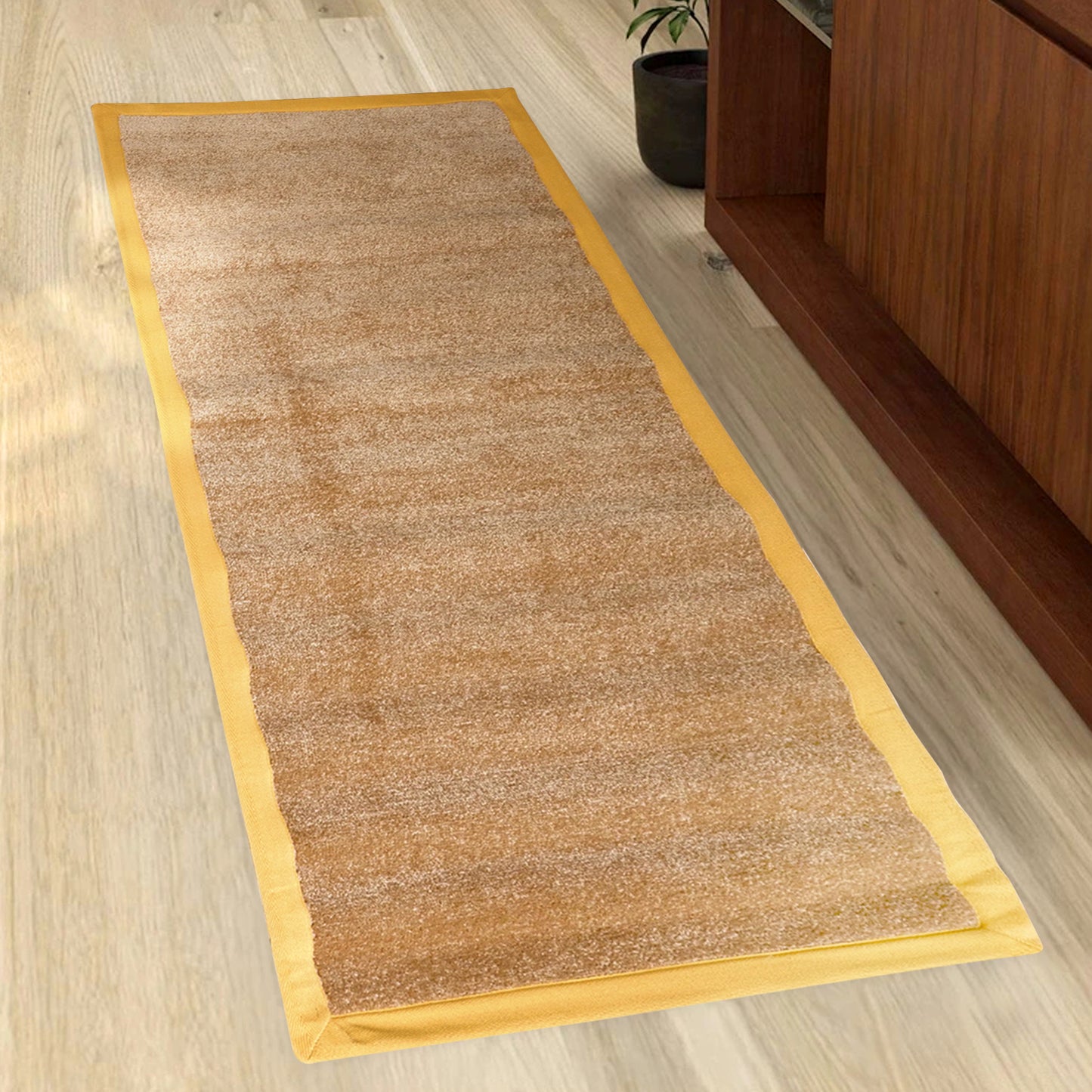 OnlyMat Long Beige Colour Luxury Soft Bedside Runner / Yoga / Prayer Mat with Cotton Border Oblong Luxe
