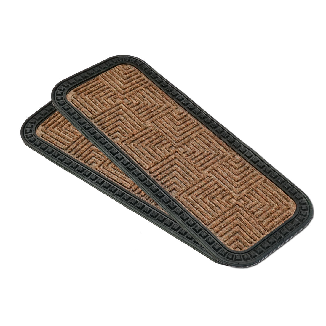 Anti-slip step stair mats in beige with a ribbed pattern and black edging, displayed on a white background.
