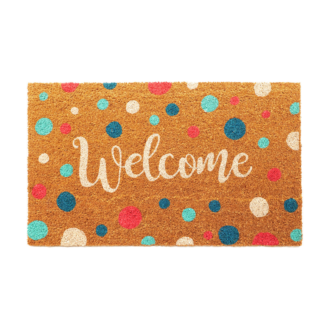 Rectangular natural coir door mat with a colourful polka dot pattern and the word 'Welcome' printed in bold.