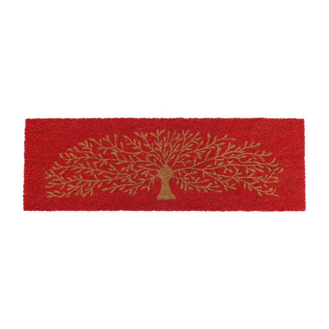 
                      
                        Red coir doormat with a gold tree design on a white background
                      
                    
