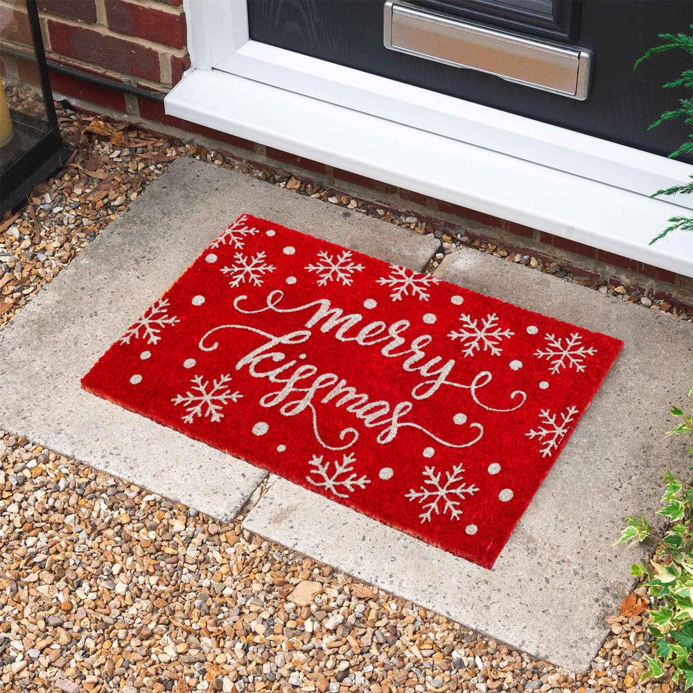 Glitter Merry Kissmas Printed Red Christmas Theme Natural Coir Door Mat