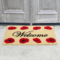 OnlyMat Welcome Flocked with Poppy Flower on 23mm Thick Coir Door mat 60cm x 90cm