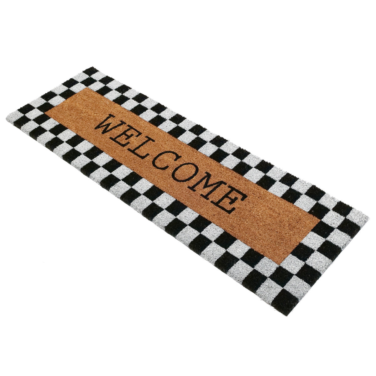 OnlyMat Plaid Border Black & White Pattern Welcome Natural Coir Doormat (120cm x 40 cm)