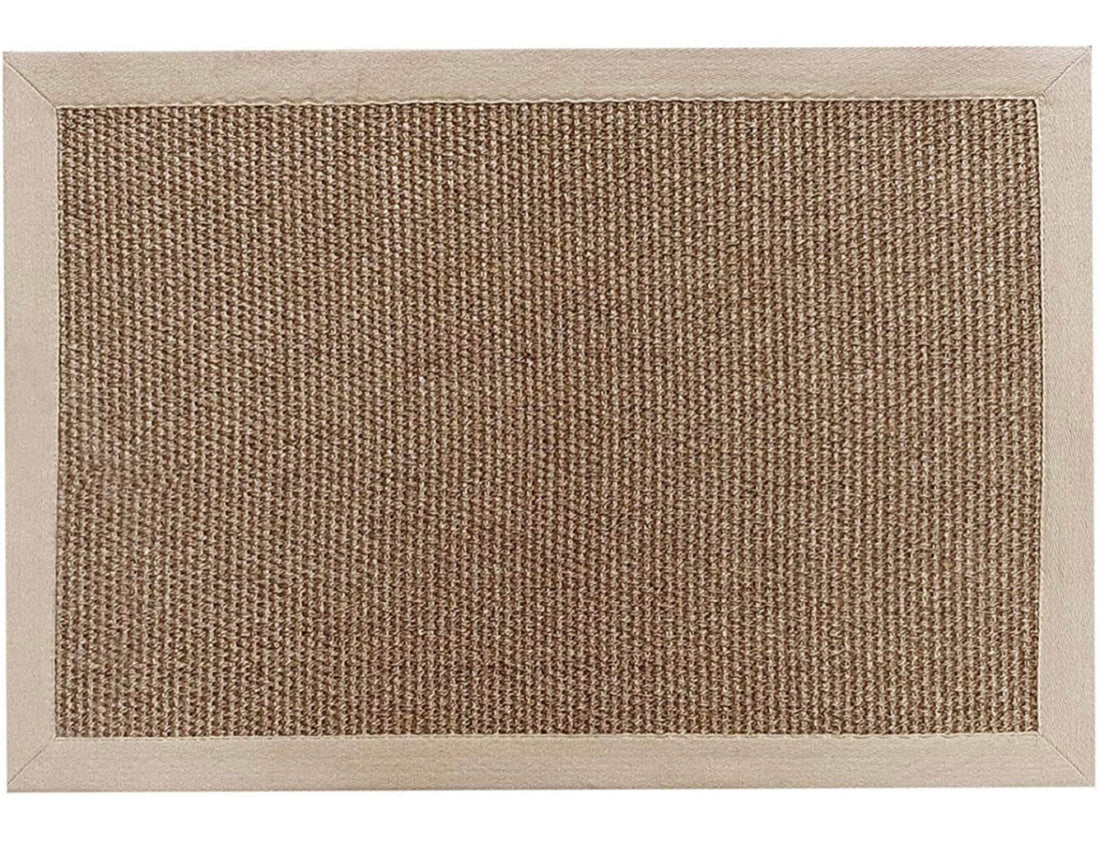 Textured brown sisal mat with a beige border