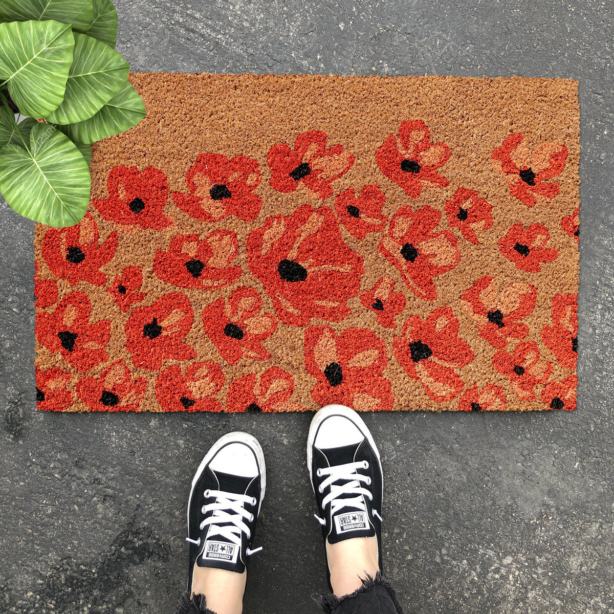 Red Flower Design Printed  Natrual Coir Floor Mat