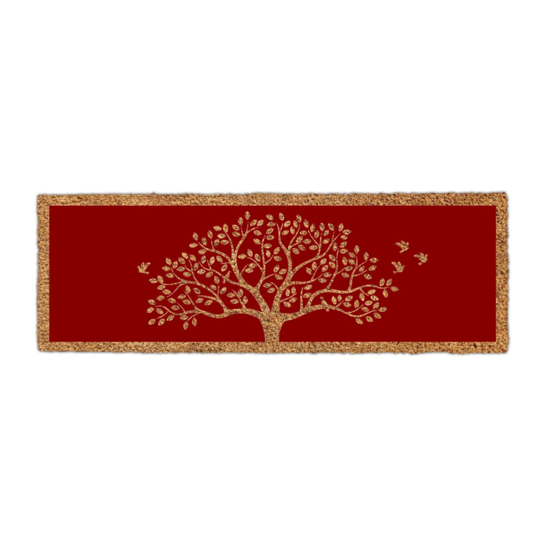 
                      
                        Decorative coir mat with a tree design on a red background
                      
                    