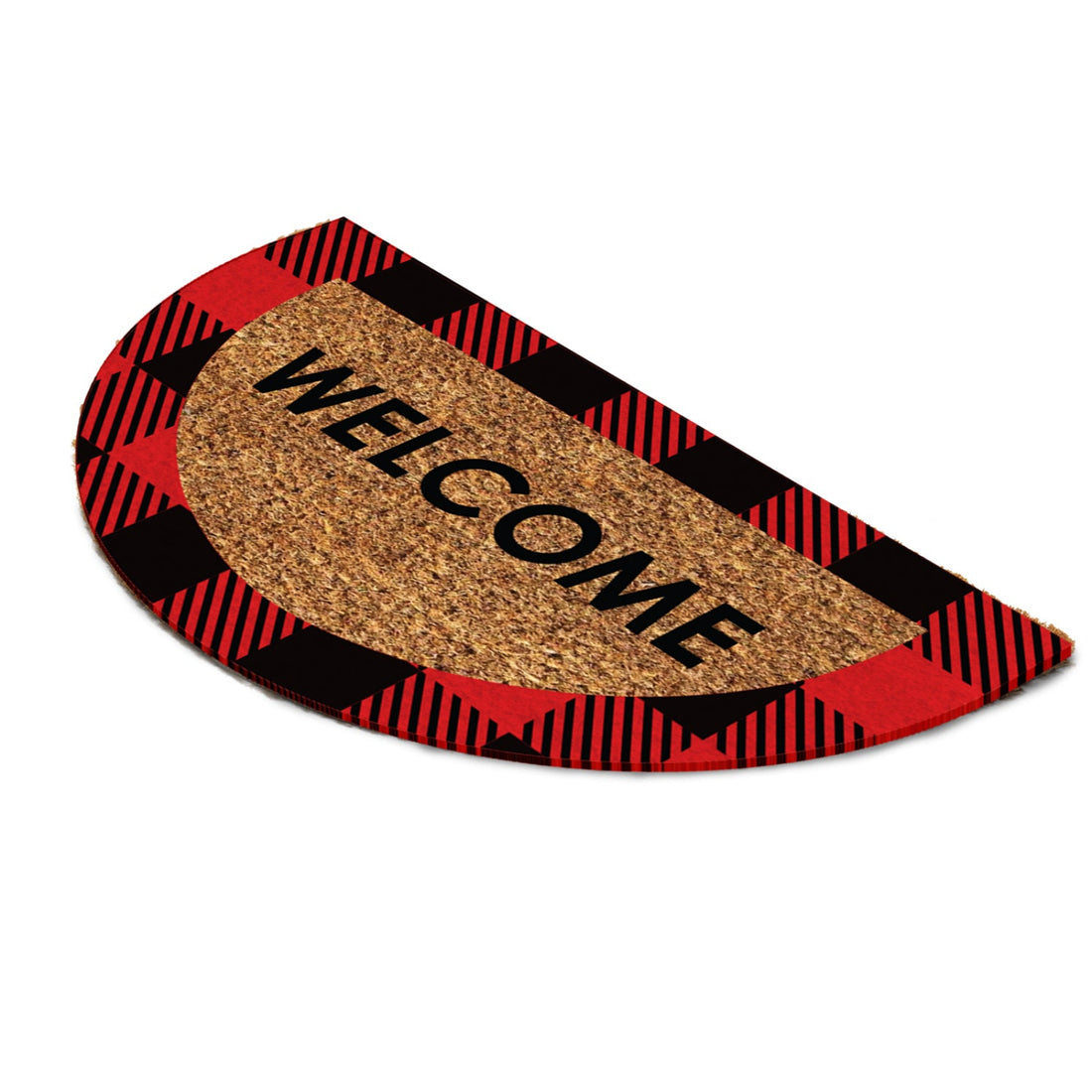 
                      
                        Half-circle doormat with red and black plaid border and 'WELCOME' text on a white background
                      
                    
