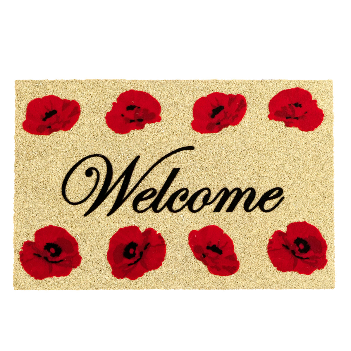 OnlyMat Welcome Flocked with Poppy Flower on 23mm Thick Coir Door mat 60cm x 90cm