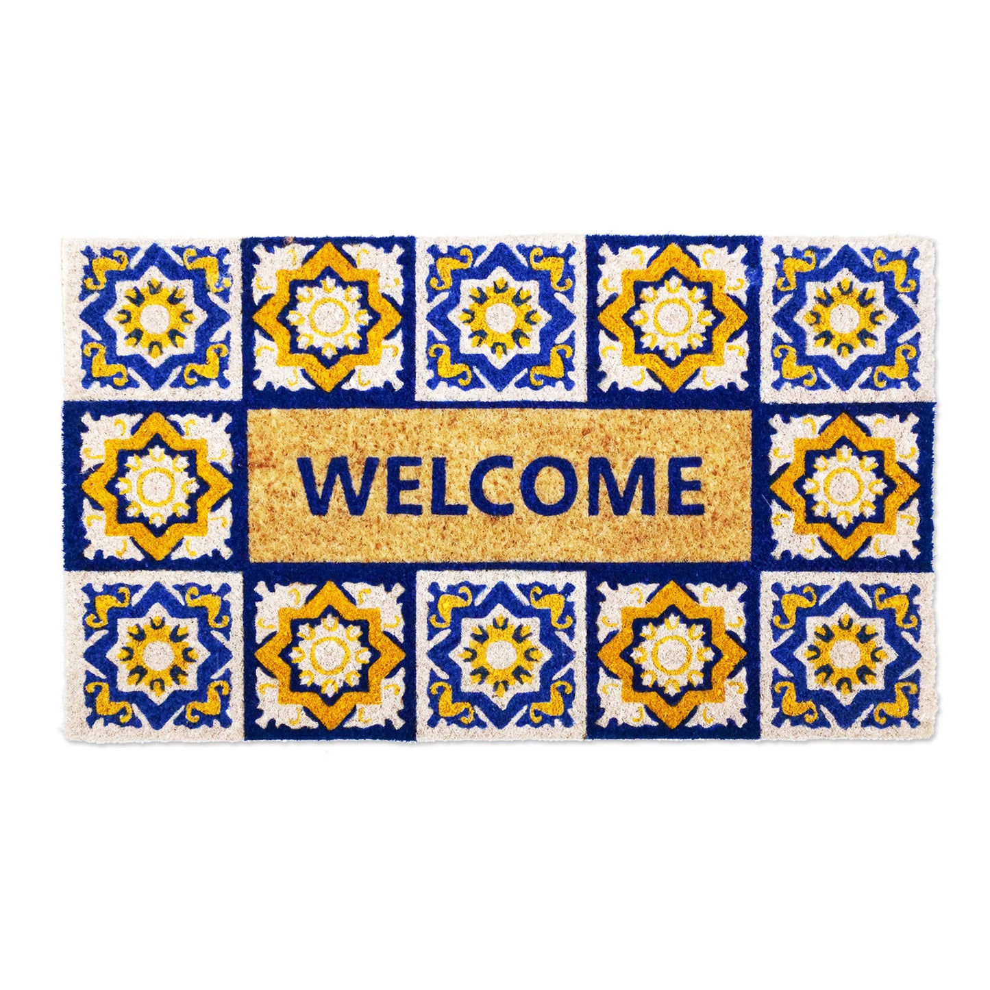 OnlyMat Blue and Yellow Mosaic Tile FESTIVAL Natural Coir Mult-colour Door Mat