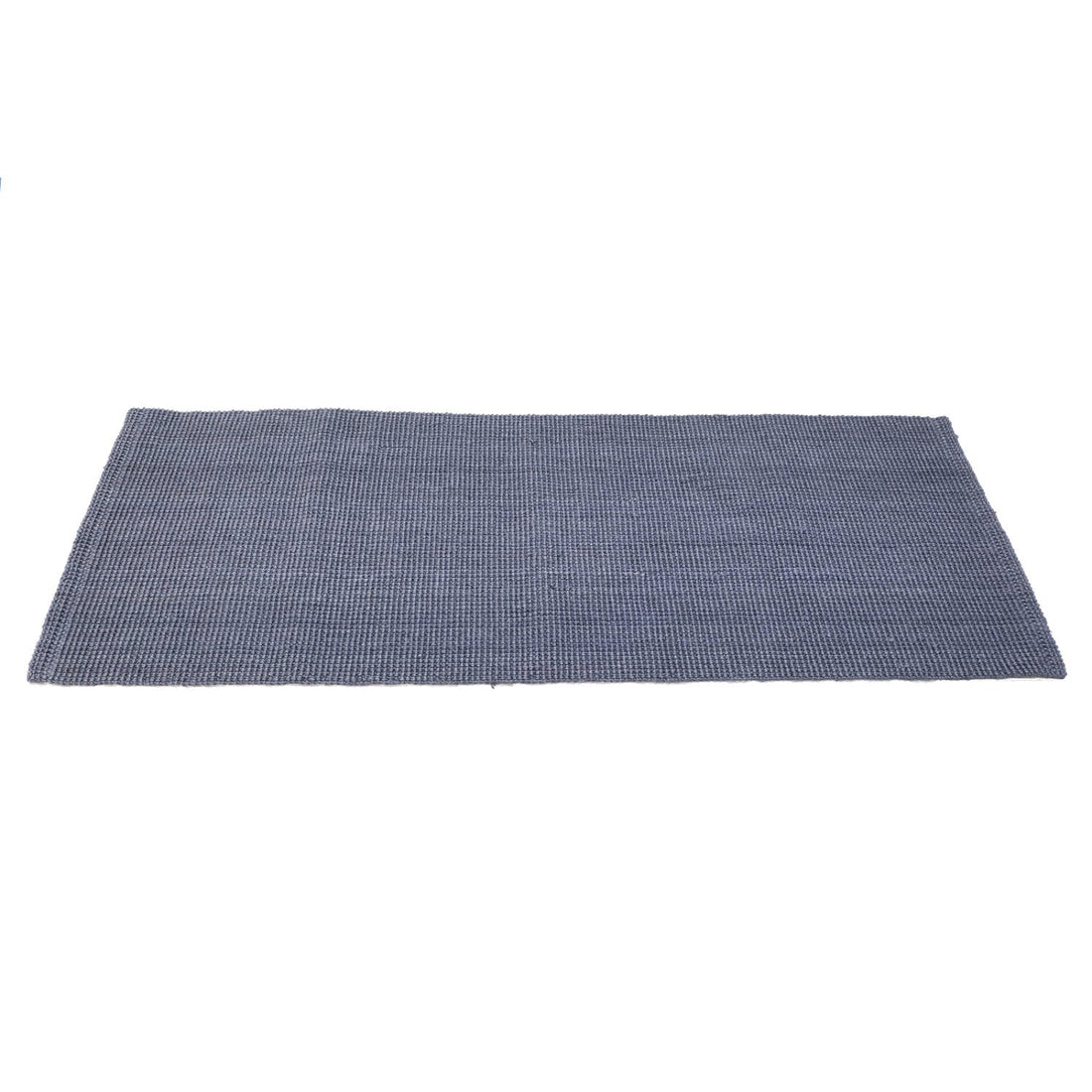 Rectangular blue woven jute runner mat on a white background