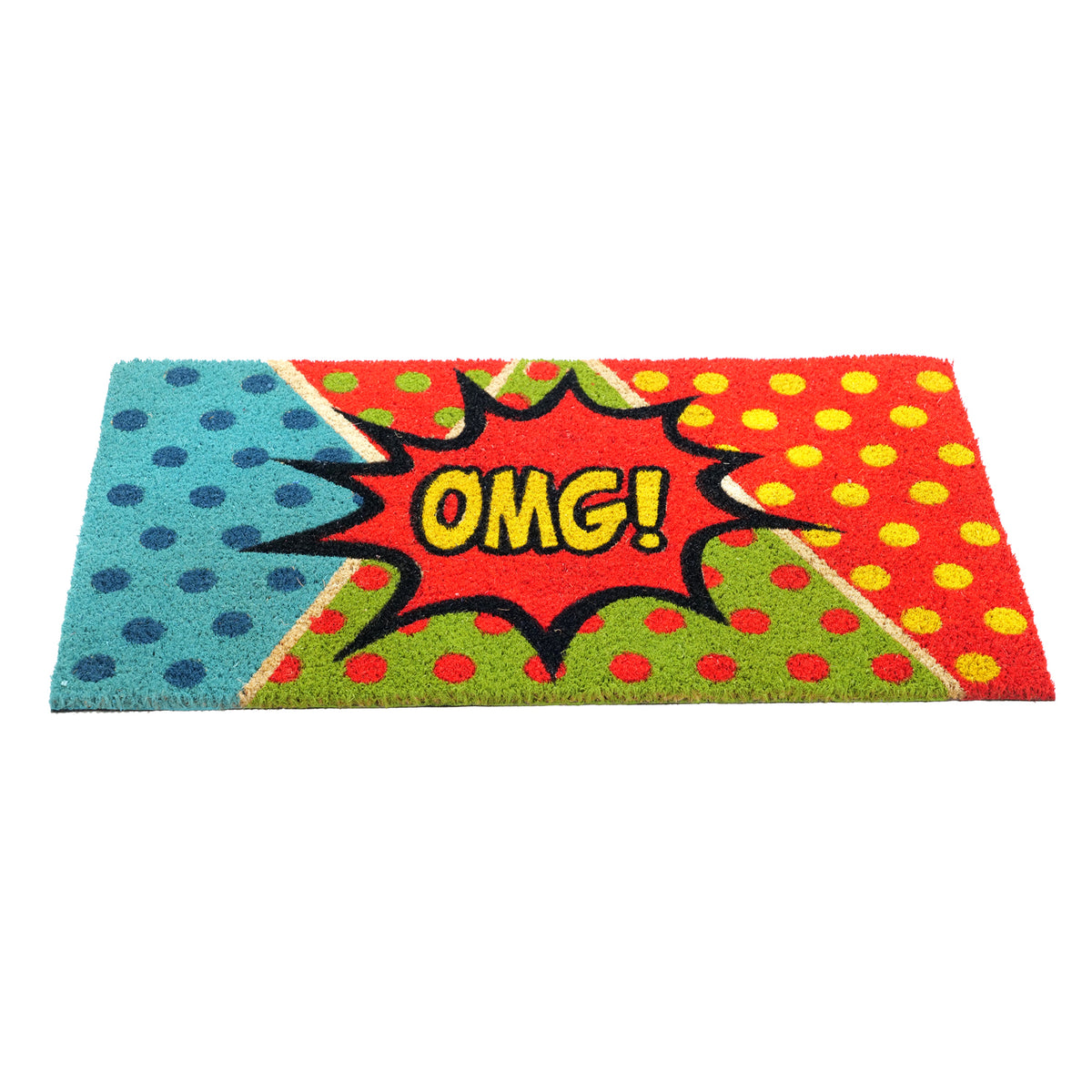 OMG Pop Art Fun Design Printed Blue and Red Natural Coir Door Mat