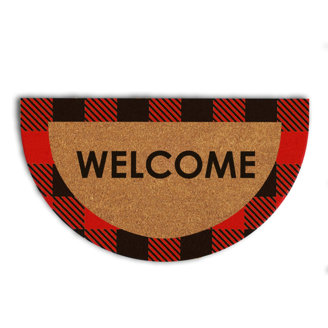 
                      
                        Half-circle doormat with red and black plaid border and 'WELCOME' text on a white background
                      
                    
