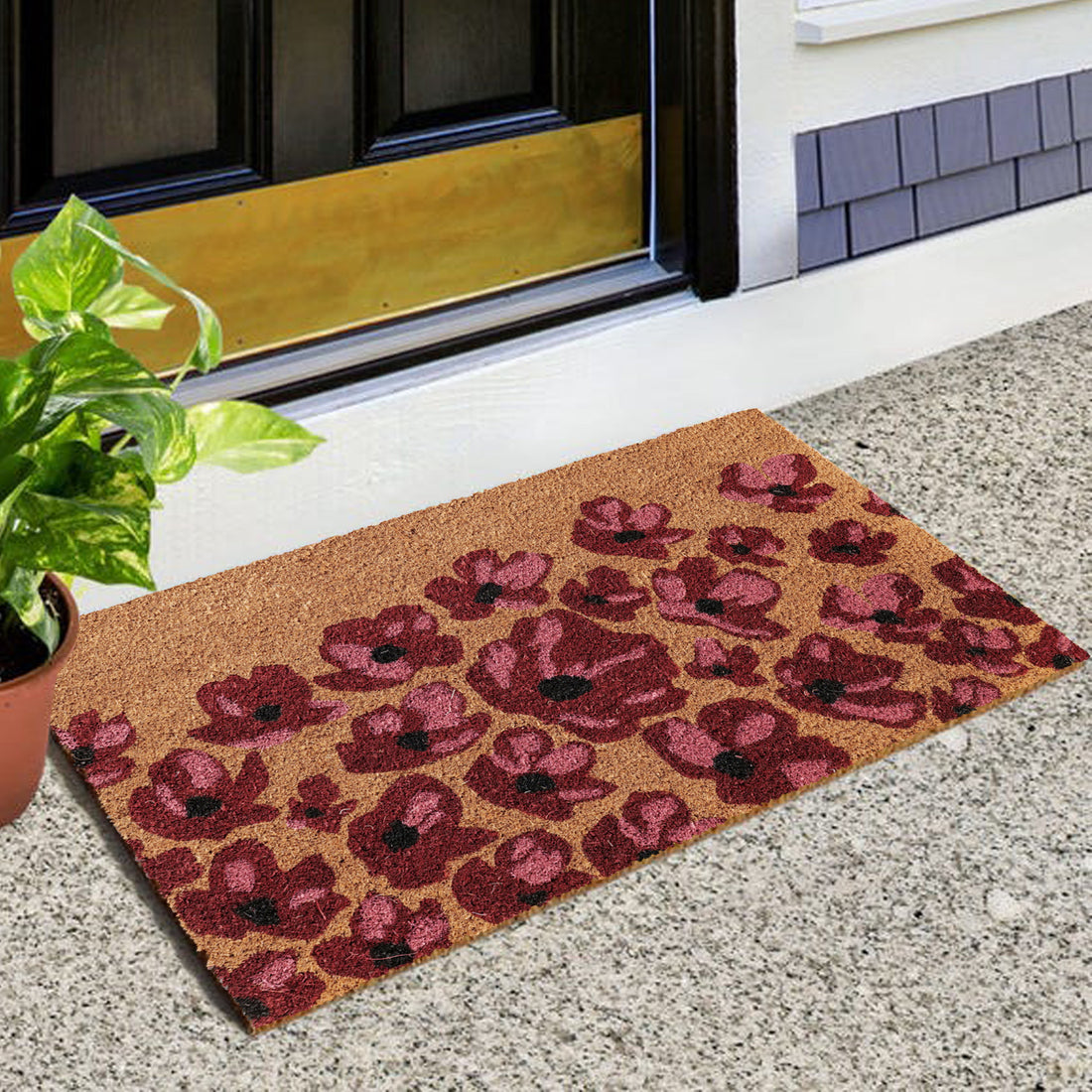 A rectangular doormat with a floral design, featuring a prominent red and dark brown colour scheme, is placed on the ground in front of a doorway. There is a potted plant to the left of the doormat, and a white door with a gold-colored handle and a black letterbox to the right.