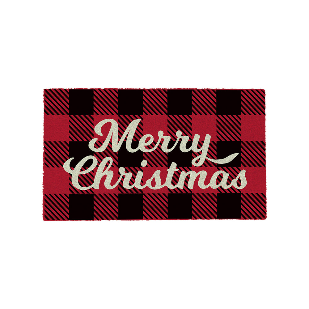 Red Plaids Christmas Theme Printed Natural Coir Door Mat