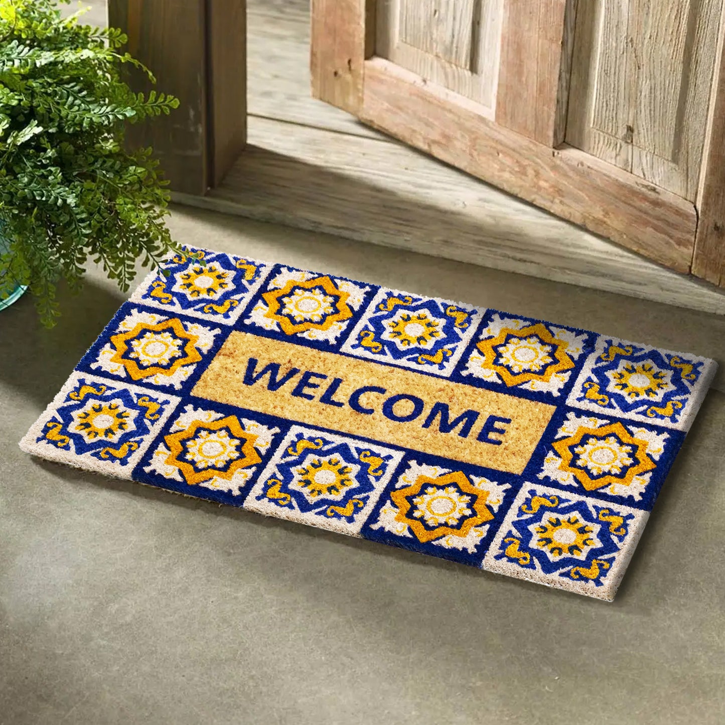 OnlyMat Blue and Yellow Mosaic Tile FESTIVAL Natural Coir Mult-colour Door Mat