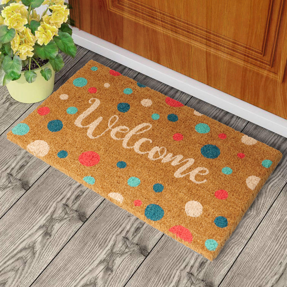 OnlyMat Cheerful Polka Dot "Welcome" Coir Doormat with Anti-Slip Backing