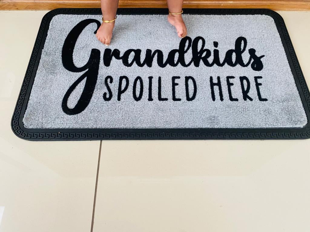 OnlyMat Grandkids Spoiled Here Funny Design QuickDry Bath Mat (Silver Colour, Soft Polypropylene Rubber, 45 Cm X 75 Cm)