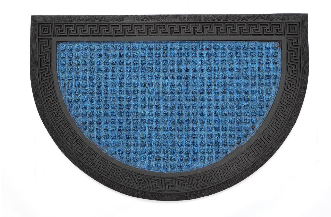 A blue rectangular doormat with an anti-slip design and black trim, featuring a geometric pattern.