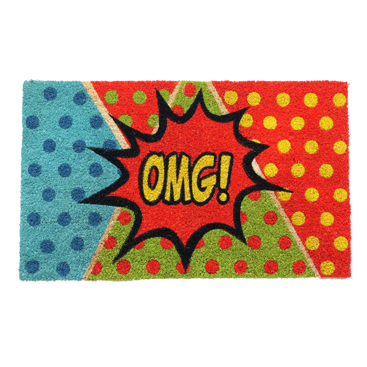 OMG Pop Art Fun Design Printed Blue and Red Natural Coir Door Mat