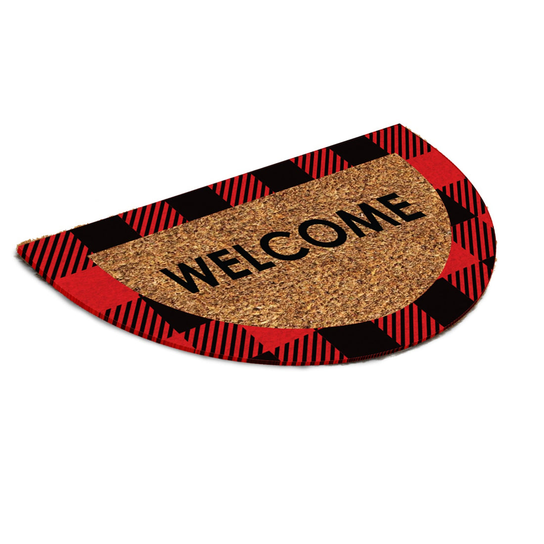 
                      
                        Half-circle doormat with red and black plaid border and 'WELCOME' text on a white background
                      
                    