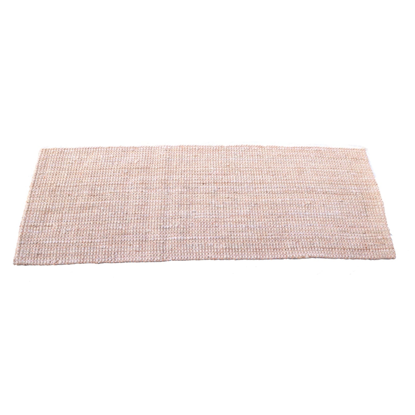 Rectangular woven jute mat on a white background