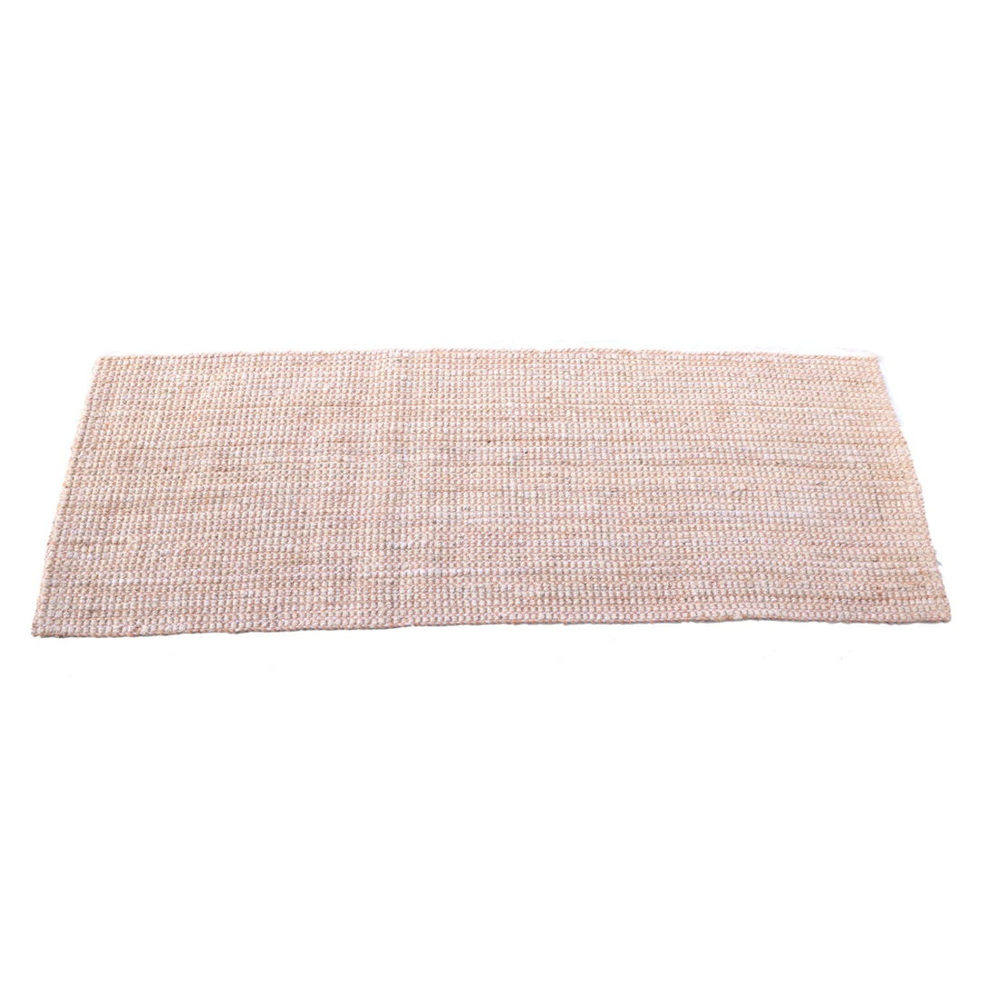 Rectangular woven jute mat on a white background