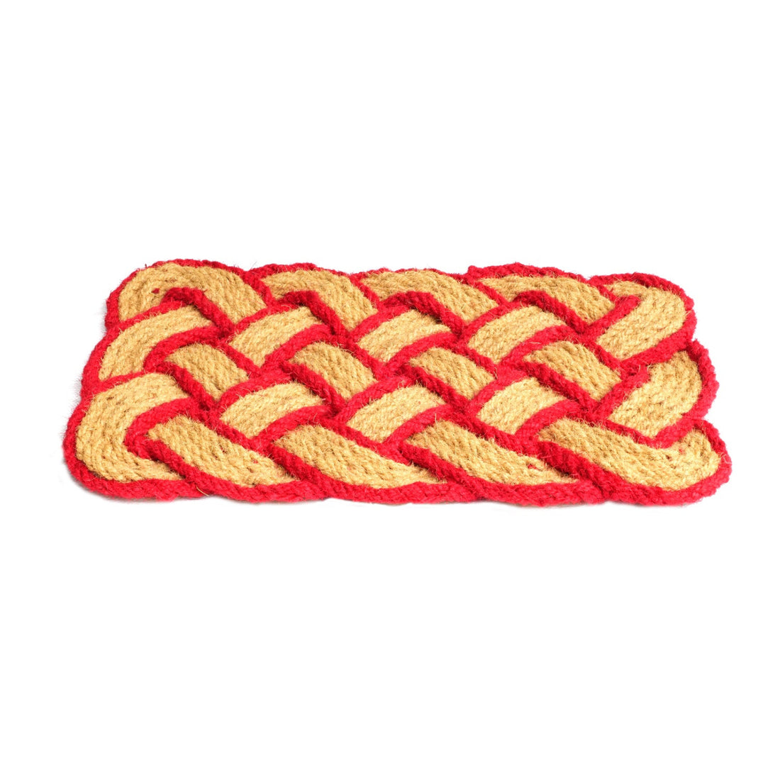 Red and yellow braided traditional coir mat on a white background