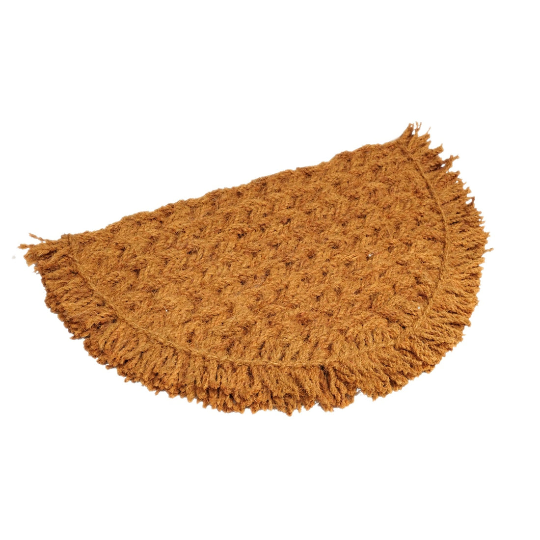Brown textured coir rug with fringes on a white background