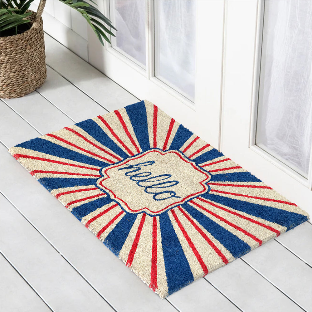 OnlyMat Retro Hello Red and Blue Printed Natural Coir Entrance Mat