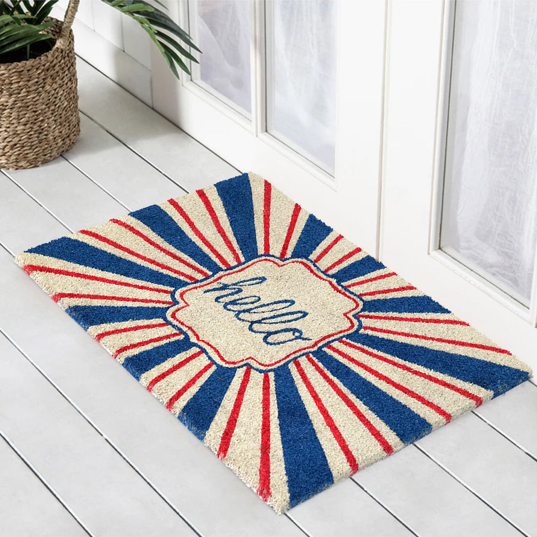 OnlyMat Hello Red Blue Retro Striped Natural Coir Doormat