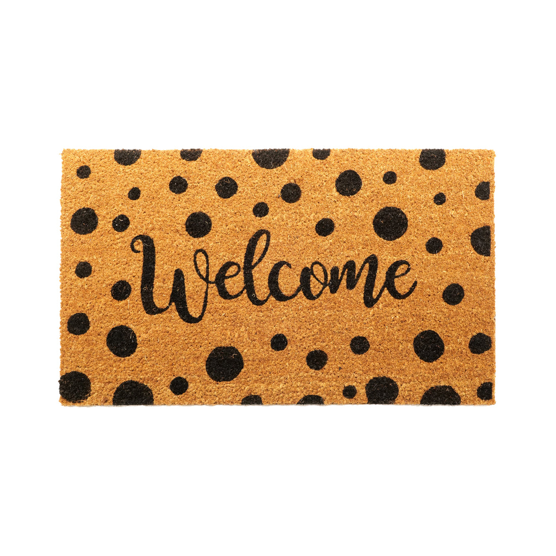 OnlyMat Black Polka Dot Welcome Printed Natural Coir Door Mat with anti-slip backing