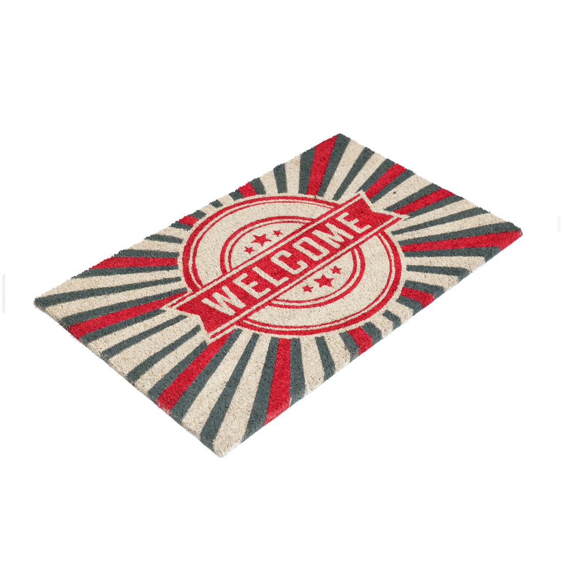 OnlyMat Welcome Red Grey Retro Striped Natural Coir Doormat