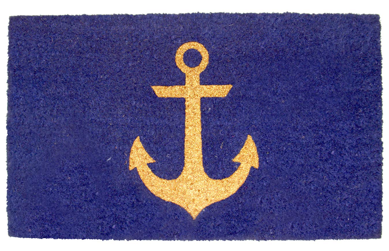 Elegant Golden Glitter Ship Anchor Printed Blue Natural Coir Floor Mat - OnlyMat