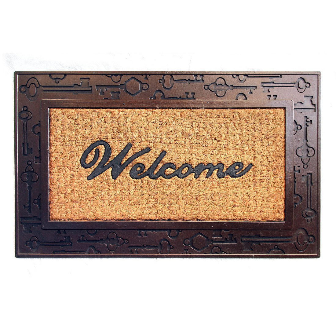 
                      
                        Elegant Moulded Rubber and Coir Welcome Designer Door Mat with Key printed Wooden Texture Border - OnlyMat
                      
                    