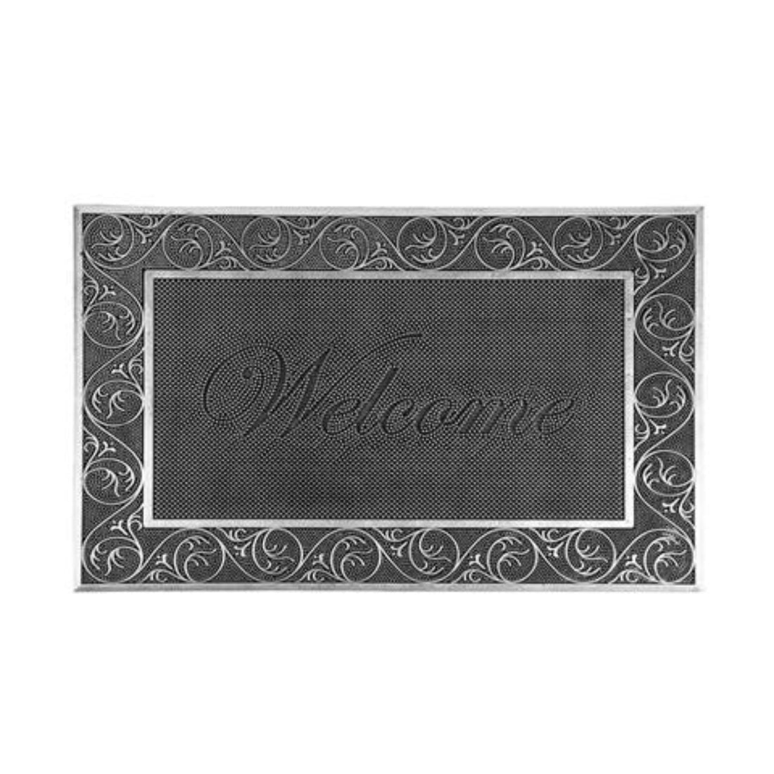 
                      
                        A rectangular, silver-colored rubber doormat with a textured design and the word 'WELCOME' embossed in the center.
                      
                    